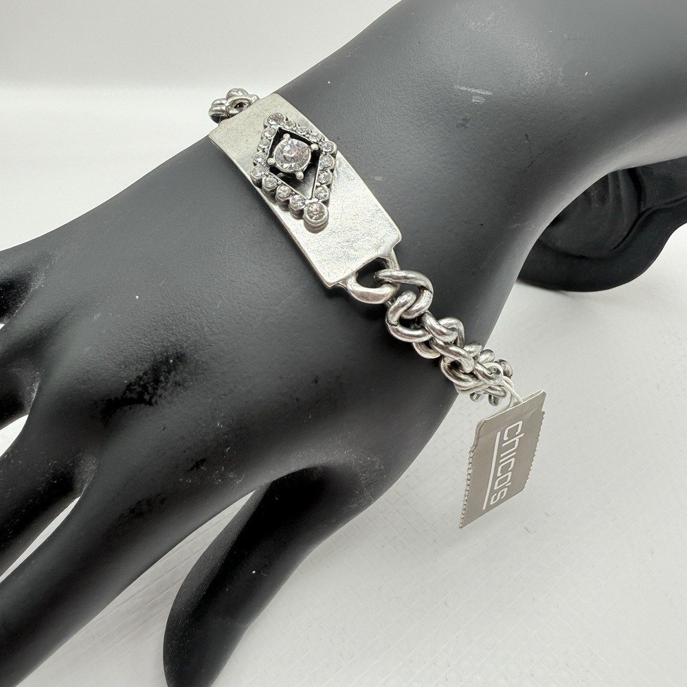 NWT Chico's Bar Chain 6.5" Bracelet Silver Tone Diamond-Shaped Rhinestone Detail